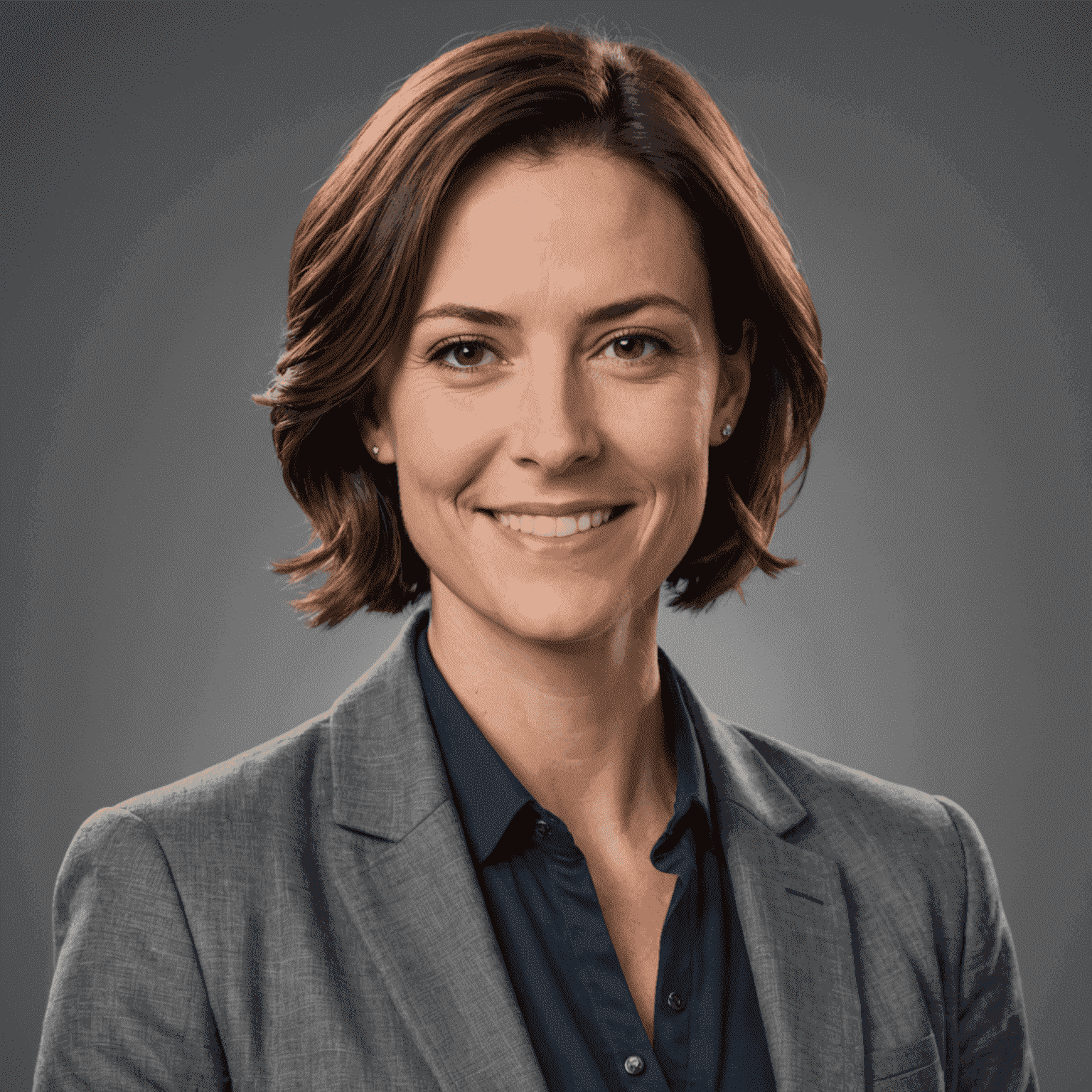 Portrait of Sarah Johnson, a woman in her mid-30s with short brown hair and a friendly smile, wearing a professional grey blazer