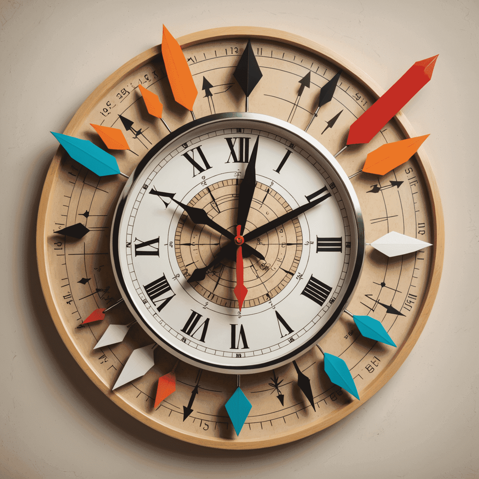 A clock face with arrows pointing to various productivity tools and techniques, symbolizing effective time management strategies