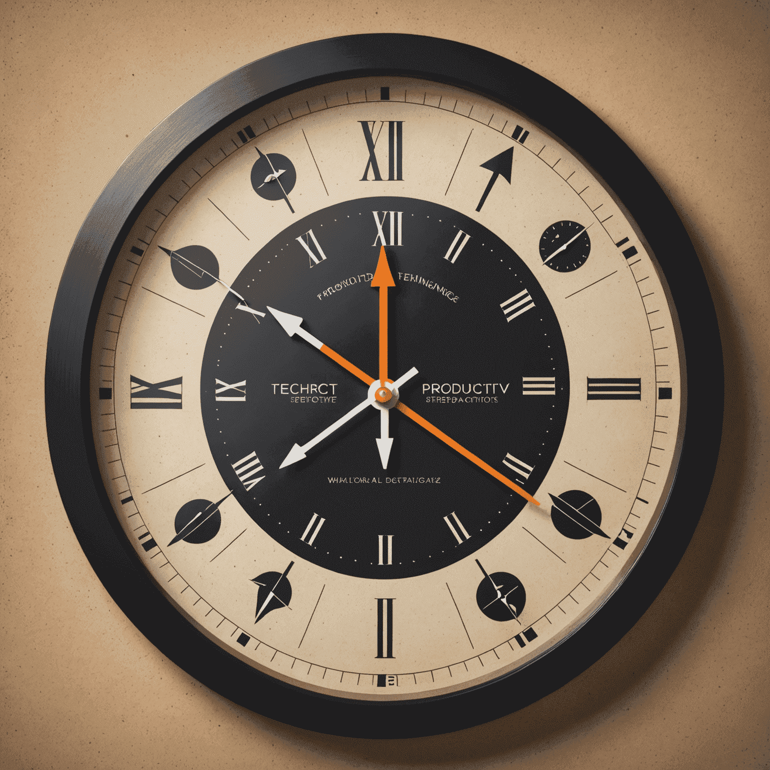 A clock face with arrows pointing to various productivity tools and techniques, symbolizing effective time management strategies