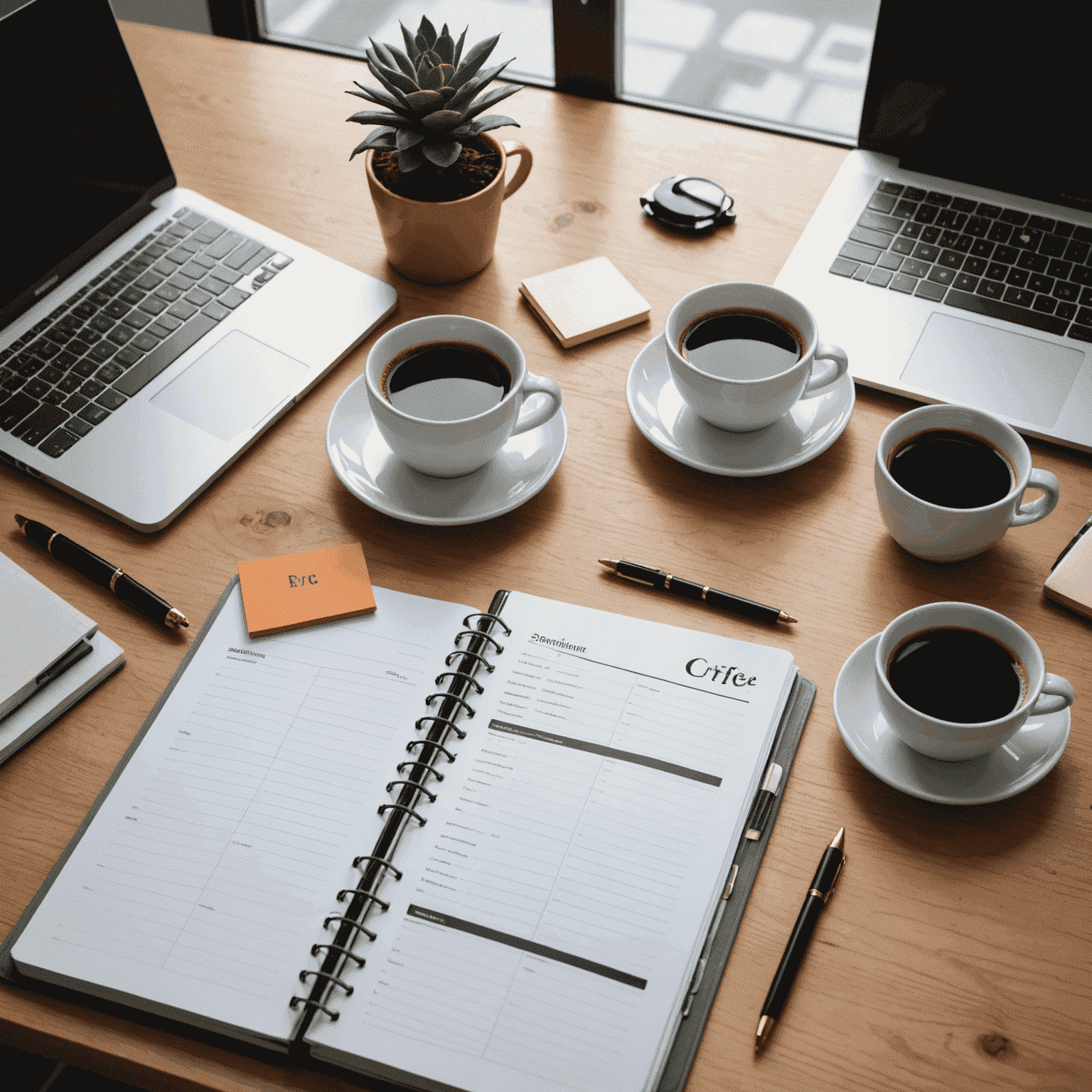 A clean, organized desk with a planner, laptop, and a cup of coffee, symbolizing effective time management