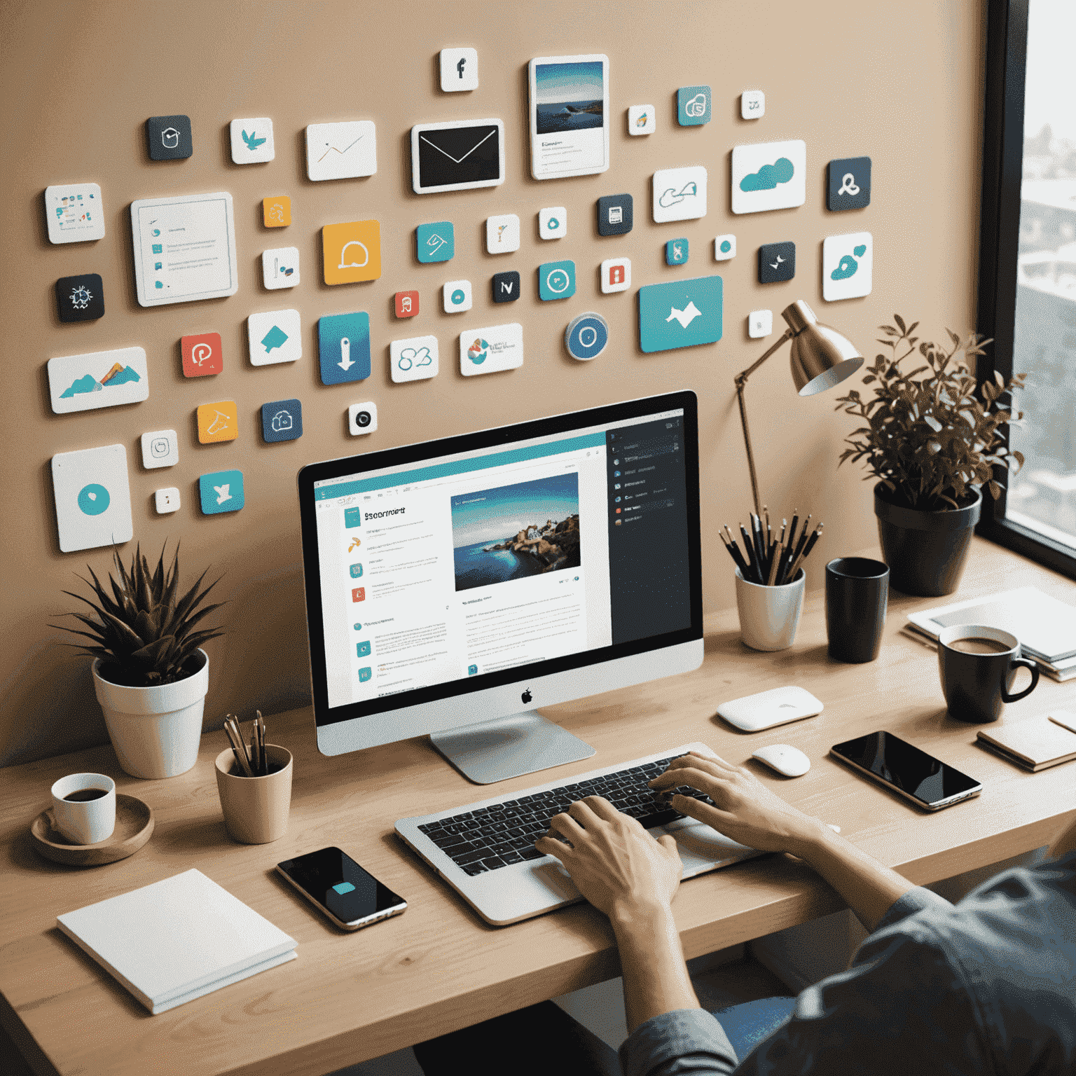 A clean, organized desktop with minimal icons and a person using a smartphone with a decluttered home screen