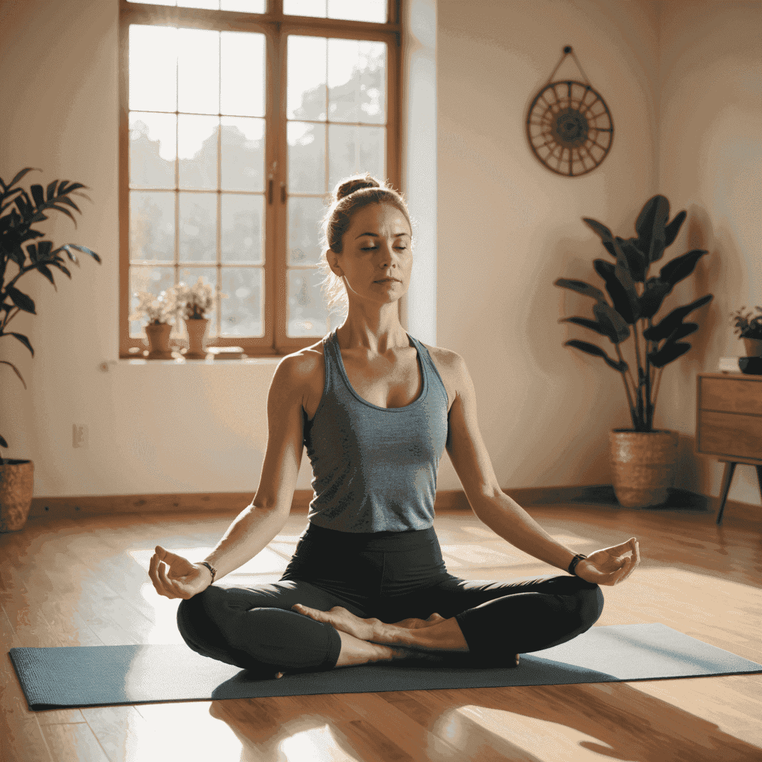 A person performing morning yoga exercises in a sunlit room, demonstrating a peaceful start to the day