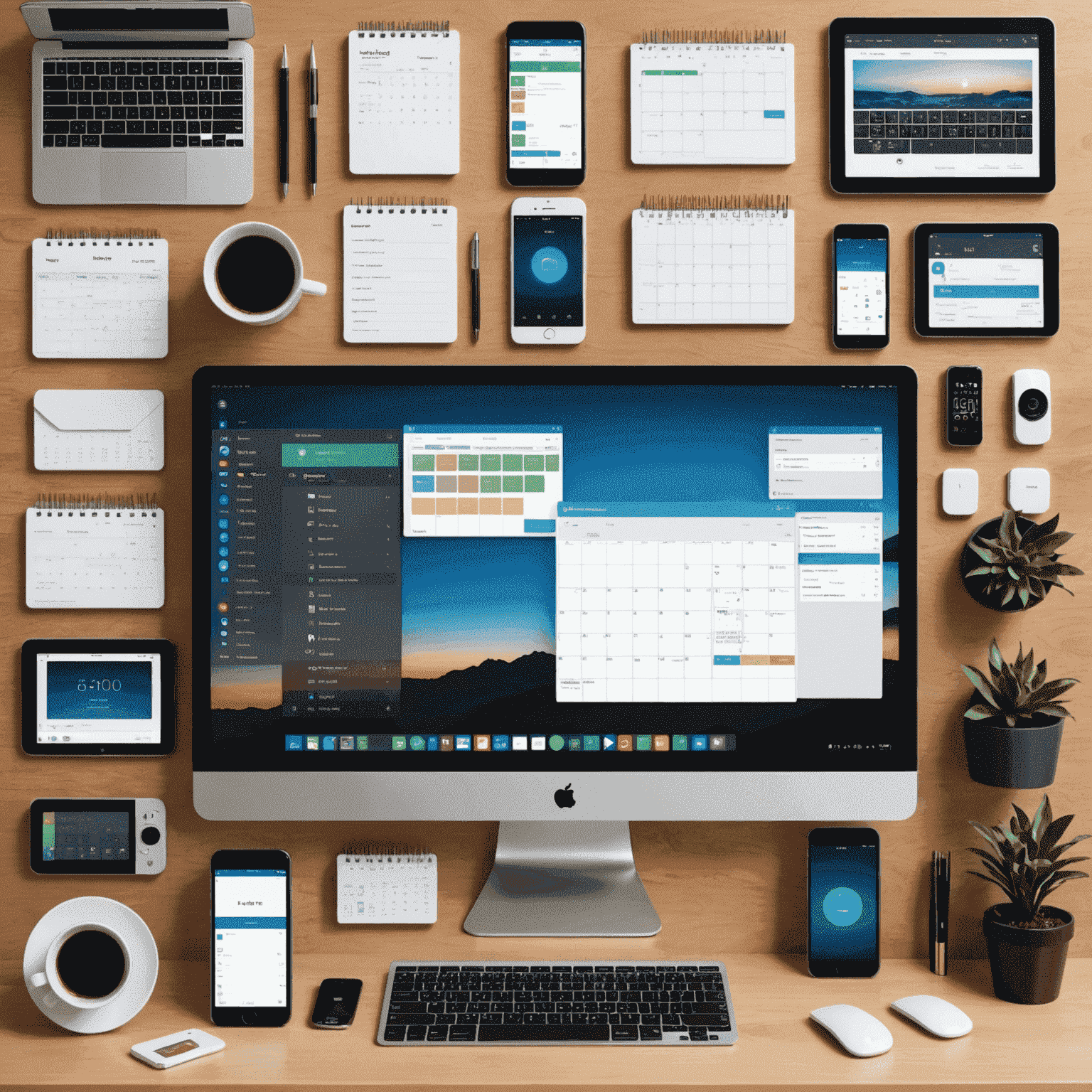 A collage of various automation tools and apps on a smartphone and computer screen, showcasing calendar syncing, email filtering, and smart home controls