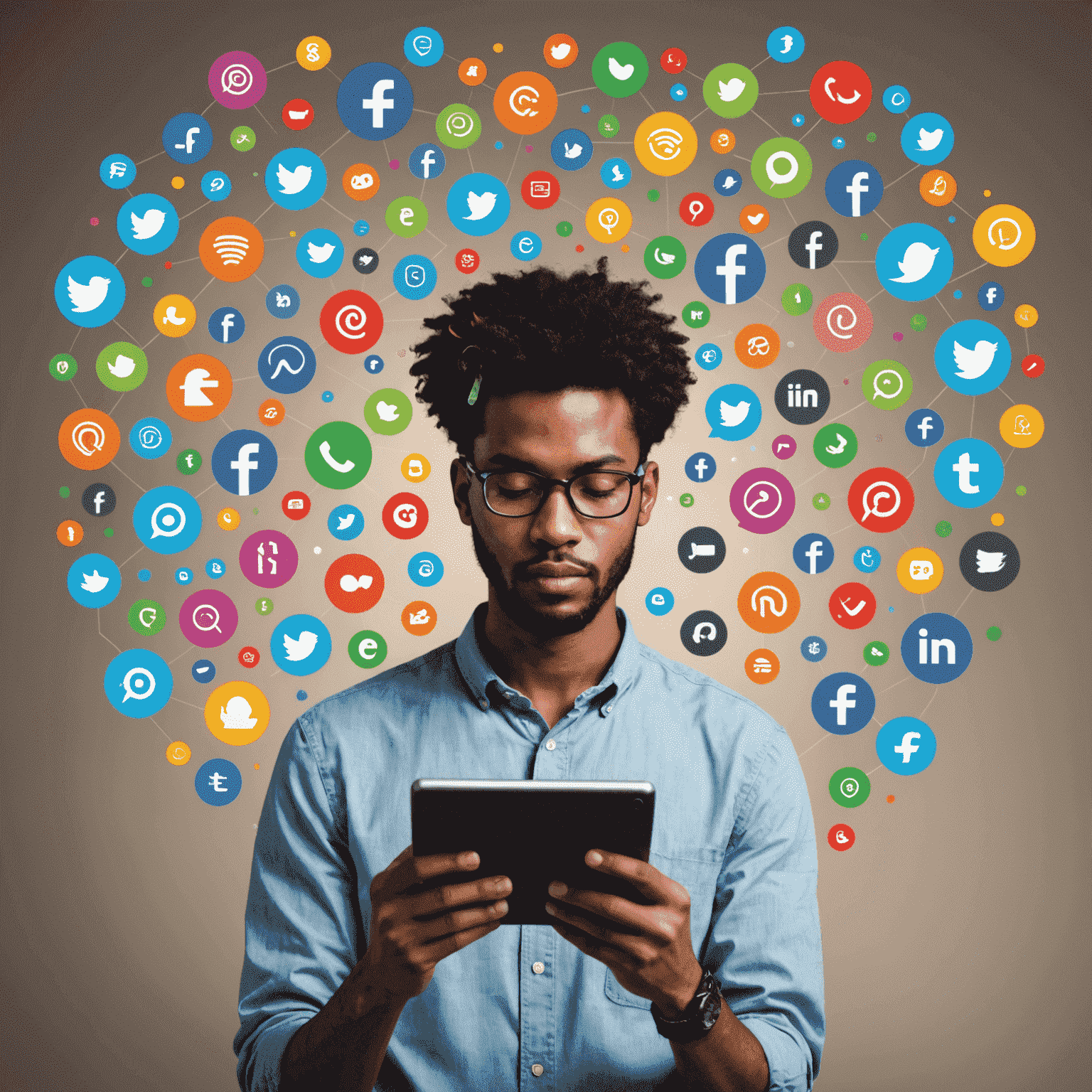 A person using a tablet with various social media icons floating around, some being crossed out