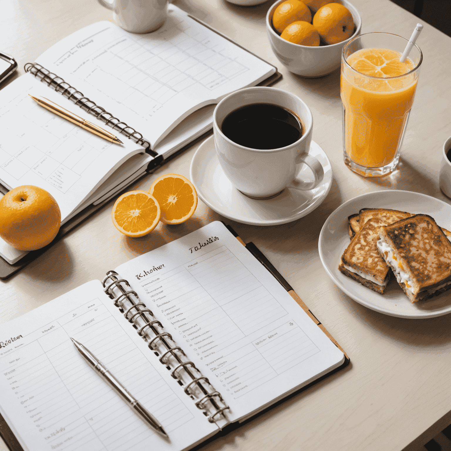 A neatly organized desk with a planner, healthy breakfast, and a glass of water, symbolizing a well-structured morning routine