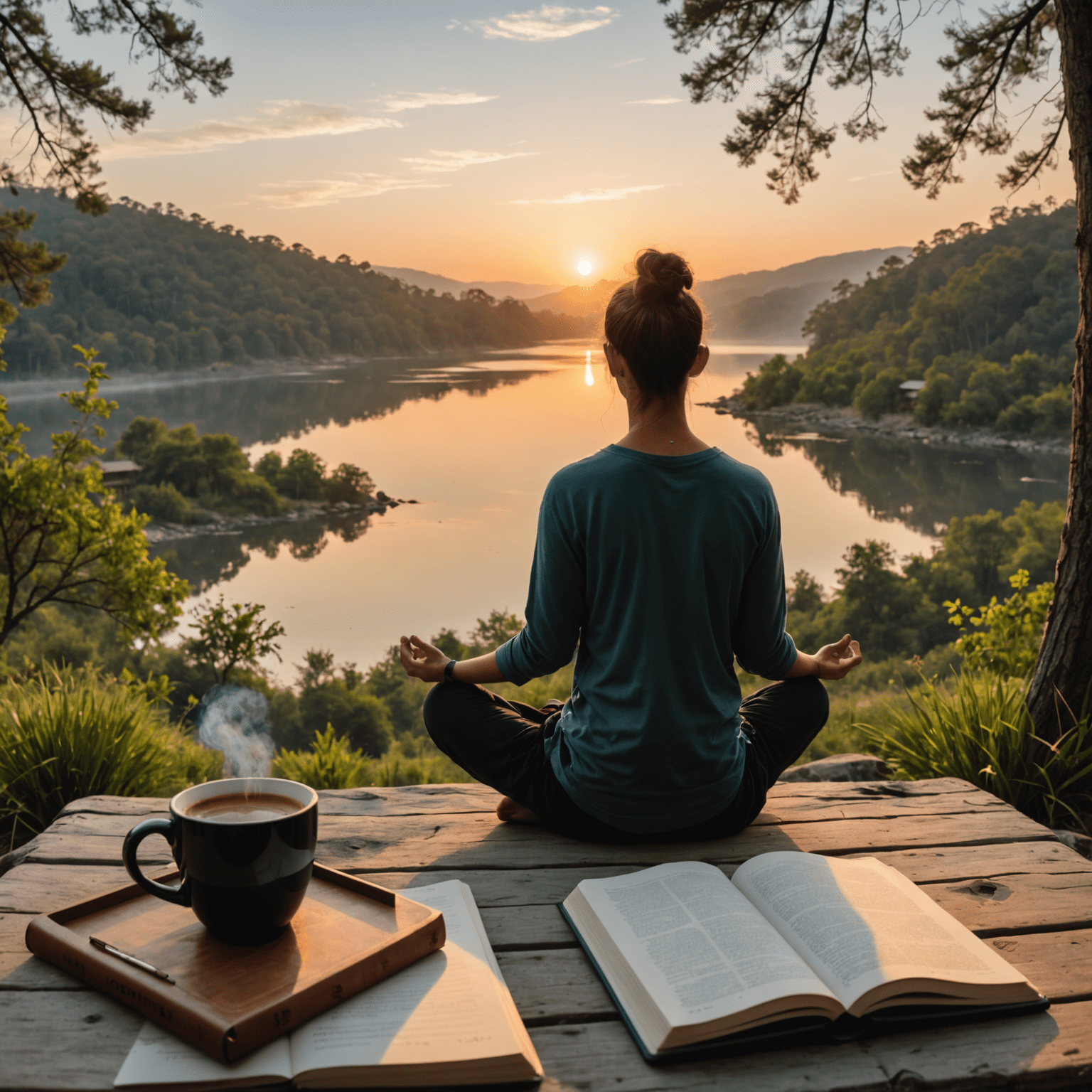 A serene sunrise scene with a person meditating, a journal, and a cup of coffee, illustrating a peaceful morning routine