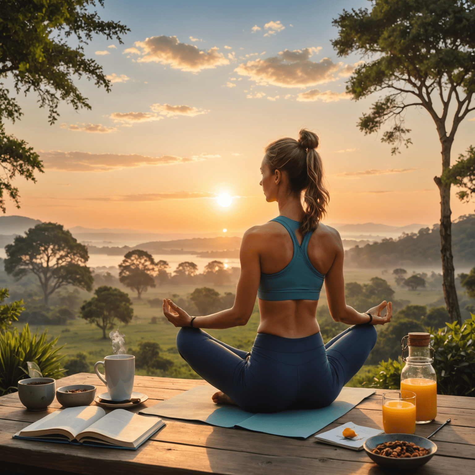 A serene sunrise scene with a person doing yoga, journaling, and enjoying a healthy breakfast, illustrating a powerful morning routine