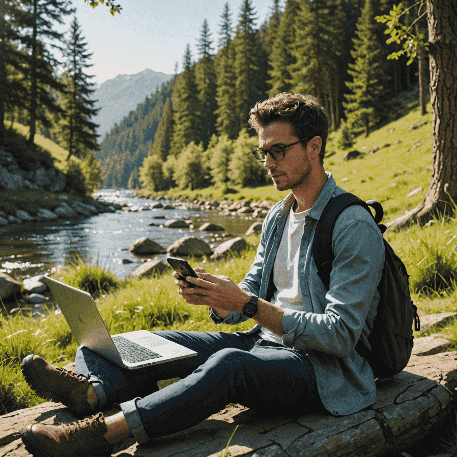 A person relaxing in nature, with their smartphone and laptop turned off nearby