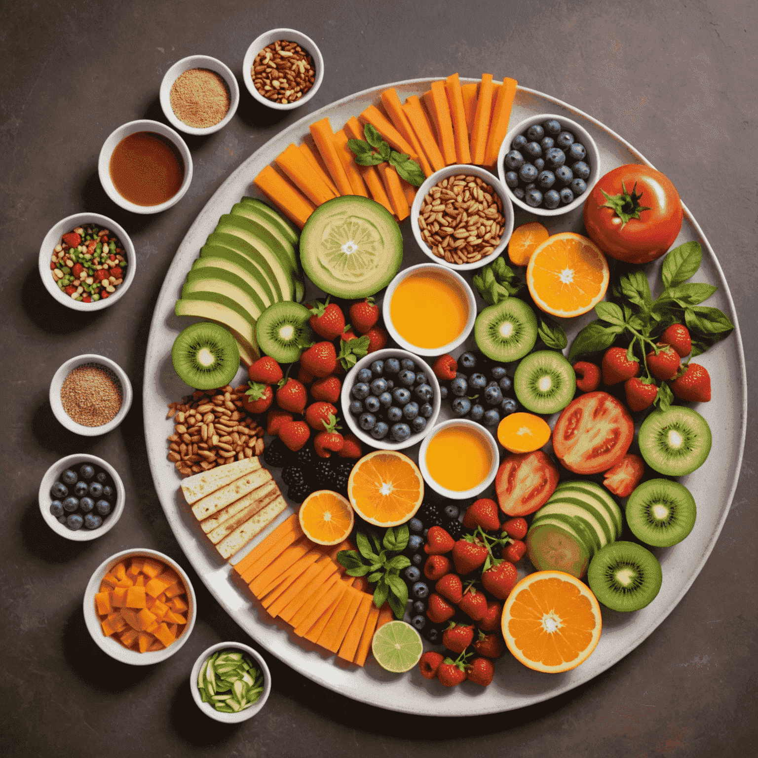 A beautifully arranged plate of colorful, healthy food items, emphasizing the practice of mindful eating