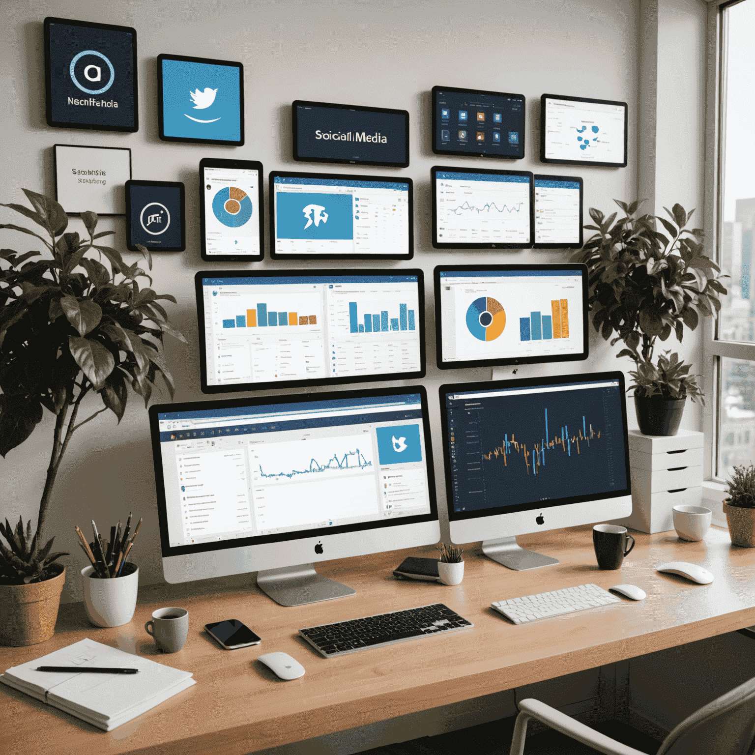 A desktop setup showing multiple screens with social media management tools, scheduling interfaces, and analytics dashboards