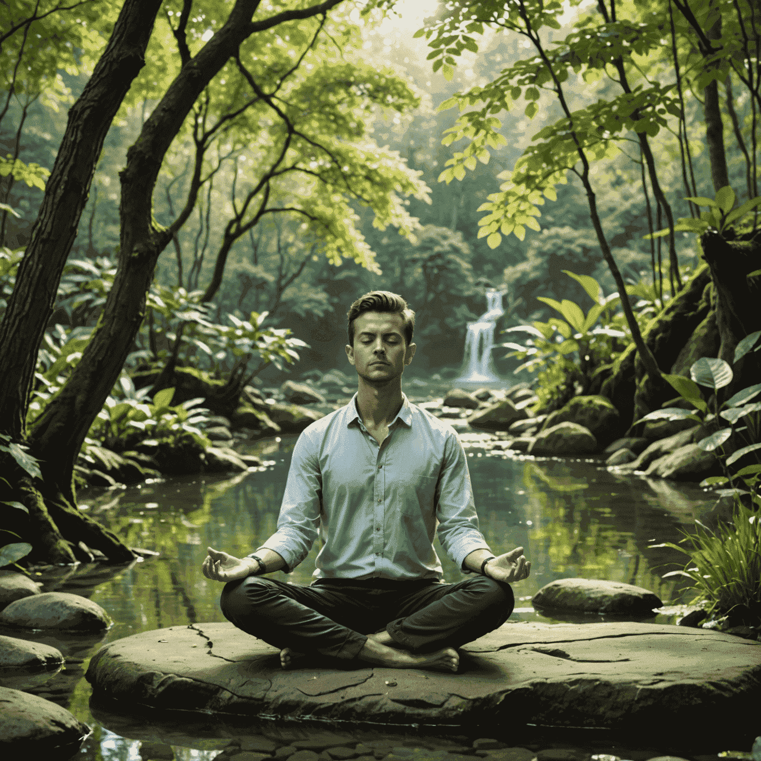 A person meditating in a peaceful natural setting, surrounded by calming elements like water and trees, representing mindfulness and stress reduction