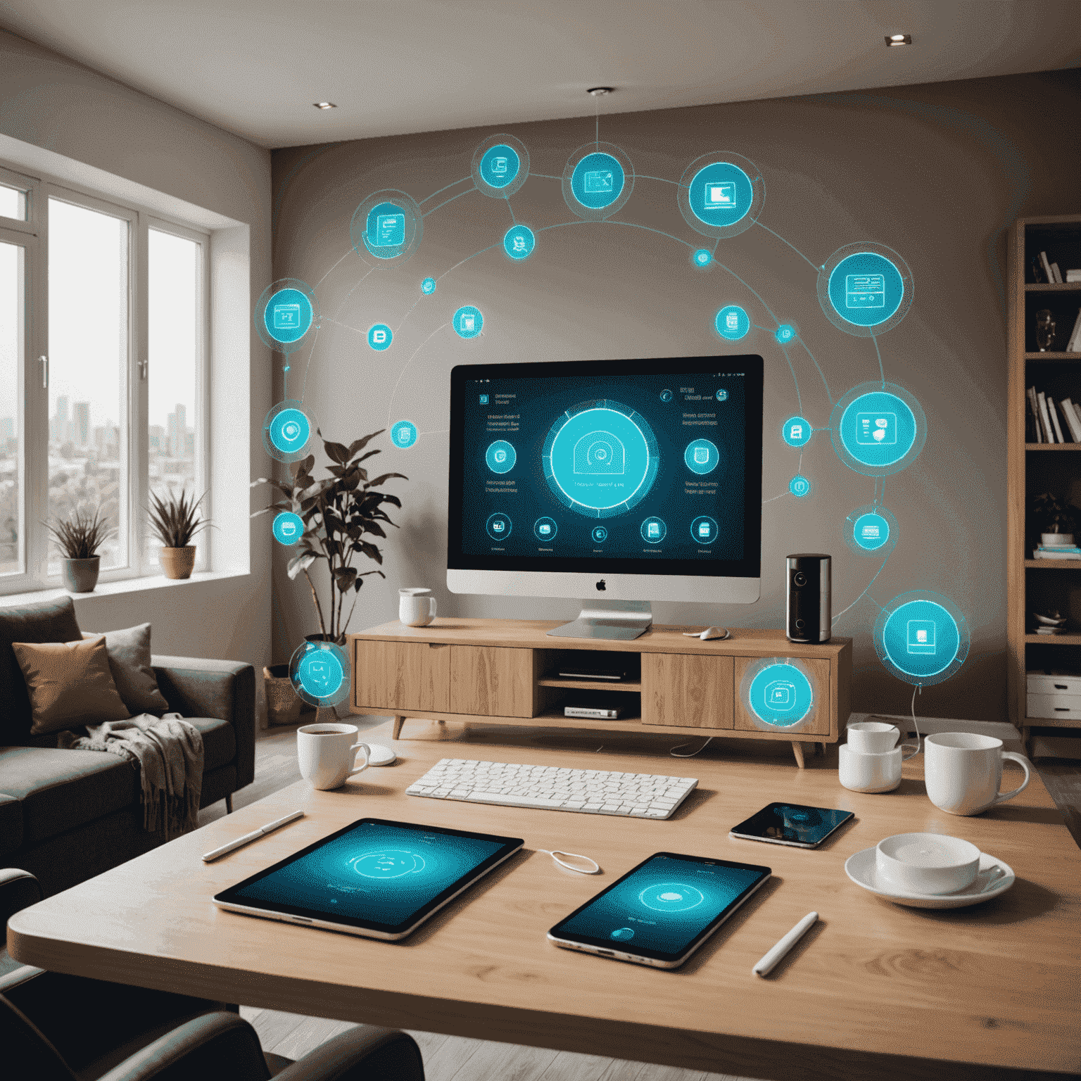 A futuristic smart home interface showing various automated tasks and devices, symbolizing the concept of automating daily life